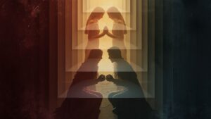 Duas pessoas diante de camadas de luz simbolizando os níveis do relacionamento, do desejo à intimidade.