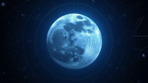 Lua Cheia em tom prateado azulado representando a Lua Azul na astrologia e o encontro entre calendário lunar e gregoriano.