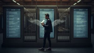 Pessoa revisando mensagens e caminhos como símbolo de Mercúrio retrógrado, comunicação, Hermes e mudança de perspectiva.