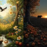 Representação simbólica de Ostara e da primavera no Hemisfério Sul, com flores amarelas, ovos coloridos e uma águia, em contraste com Mabon e o outono no Hemisfério Norte, representado por frutos, folhas secas e um urso.