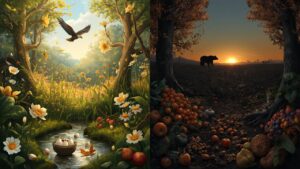 Representação simbólica de Ostara e da primavera no Hemisfério Sul, com flores amarelas, ovos coloridos e uma águia, em contraste com Mabon e o outono no Hemisfério Norte, representado por frutos, folhas secas e um urso.